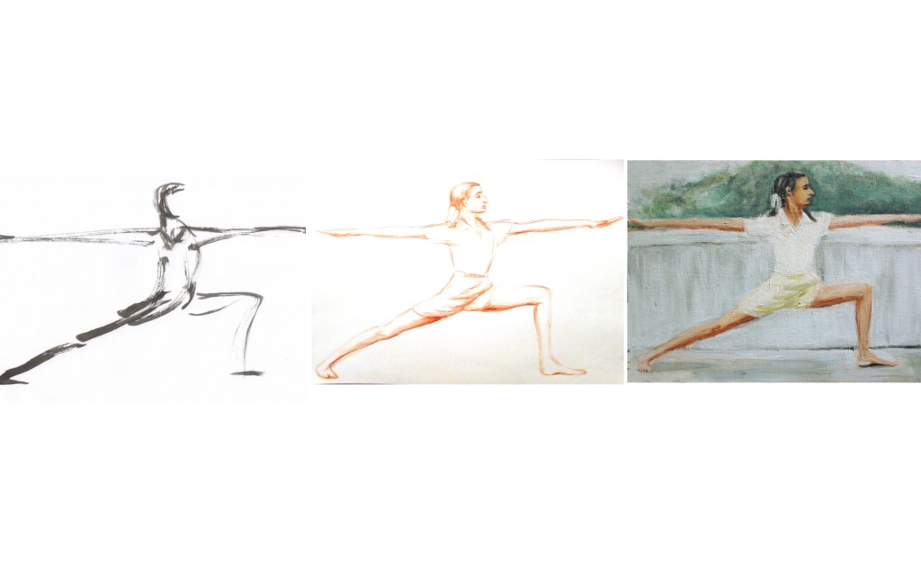 Geeta Iyengar -Drawing of Warrior 2. Virabhadrasana 2.